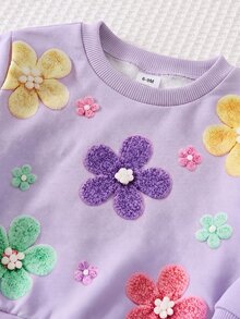 SHEIN طقم ملابس للبنات الرضع: سويتشيرت خريفي مزين بزهور ثلاثية الأبعاد & بنطال ليقنز مخطط - الأرجواني - مشاهدة 3