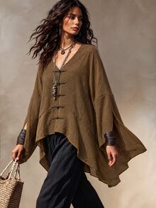 Linhara CURVE Plus Size Women's New Chinese Style Small V-Neck Vintage Frog Button Batwing Sleeve Textured Fabric Blouse Suitable For Evening Party, Birthday Party, Friends Gathering, Formal Date, Gala Event, Girls' Night Out - Brown - View 5