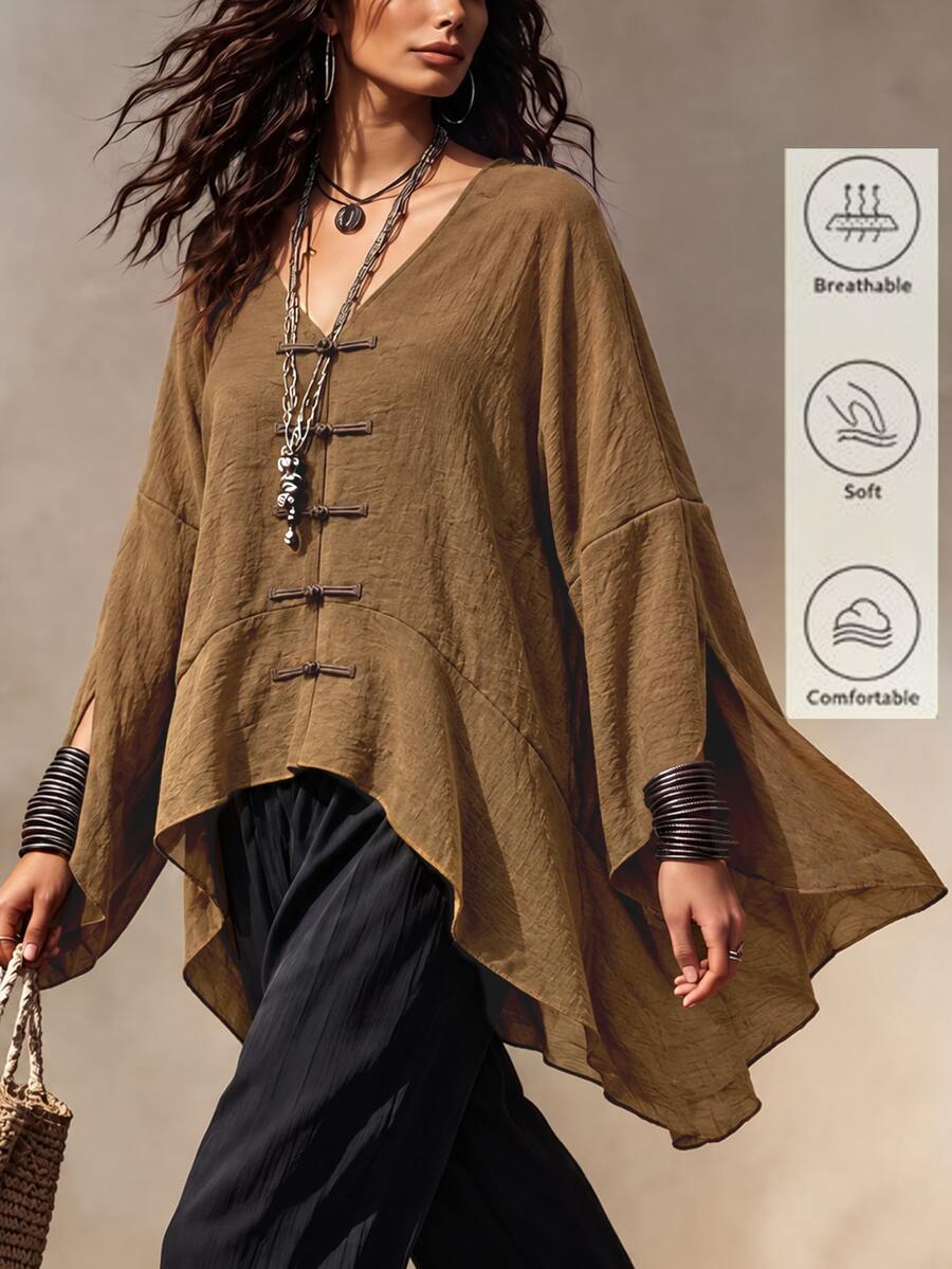 Linhara CURVE Plus Size Women's New Chinese Style Small V-Neck Vintage Frog Button Batwing Sleeve Textured Fabric Blouse Suitable For Evening Party, Birthday Party, Friends Gathering, Formal Date, Gala Event, Girls' Night Out - Brown - View 1