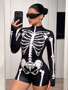 SHEIN ICON 女款骷髏圖案印花修身連身衣 - 彩色 - 查看 9