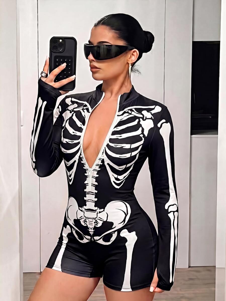 SHEIN ICON 女款骷髏圖案印花修身連身衣 - 彩色 - 查看 1
