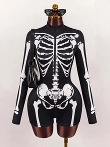 SHEIN ICON 女款骷髏圖案印花修身連身衣 - 彩色 - 查看 4
