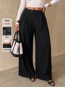 Auralis Black Elegant Tutu Commute Daily Lace Patchwork Waist Pleated Slimming Straight Leg Pants/Plus Size Suit Pants Office Evening Fall/Winter Office Pants - Black - View 1