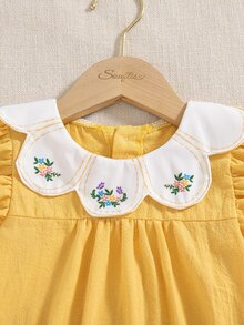 SHEIN Babygirls' Yellow Color Romper,Summer Cute Cherry Embroidery Neckline,Sweet Minimalist Rompers For Gatherings Family Matching Photoshoot - Orange - View 4