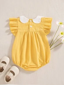 SHEIN Babygirls' Yellow Color Romper,Summer Cute Cherry Embroidery Neckline,Sweet Minimalist Rompers For Gatherings Family Matching Photoshoot - Orange - View 2