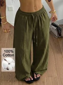Coolane 女款大尺碼夏秋外出度假正式休閒優雅波希米亞風套裝 100%純棉抽繩腰橄欖綠長褲聖誕 - 軍綠色 - 查看 9
