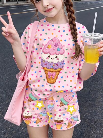 Vintage Sweet Cute Dopamine Ice Pink Heart Ice Cream Star Print, Young Girl Casual Minimalist Short Sleeve T-Shirt And Shorts 2-Piece Set, Suitable For Summer Outdoor Picnic, Outing, Street Photography, Campus, Chill Chill, Back To School, Y2K