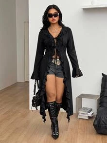 Coolane 女款大尺碼秋冬優雅性感派對晚宴正式度假外出夜店 Y2K Gyaru 風格荷葉邊蝴蝶結黑色長大衣聖誕 - 黑色 - 查看 9