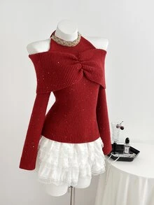 Elamini Women's Beaded Decor Pleated Off-Shoulder Long Sleeve Elegant Halter Neck Sweater - Red - View 4