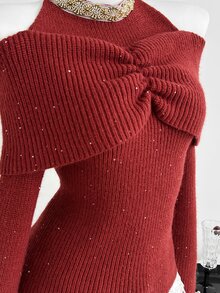 Elamini Women's Beaded Decor Pleated Off-Shoulder Long Sleeve Elegant Halter Neck Sweater - Red - View 6