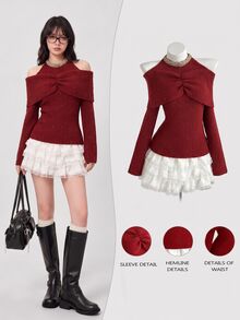 Elamini Women's Beaded Decor Pleated Off-Shoulder Long Sleeve Elegant Halter Neck Sweater - Red - View 1