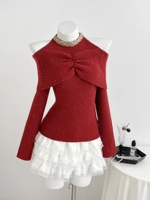 Elamini Women's Beaded Decor Pleated Off-Shoulder Long Sleeve Elegant Halter Neck Sweater - Red - View 5