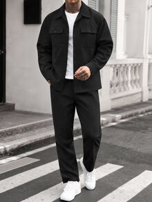 Manfinity Homme 男士純色特殊領長袖襯衫，翻領雙口袋設計，奢華派對穿搭上衣，萬聖節聖誕節新年風格單品，男孩節日禮物首選 - 黑色 - 查看 4