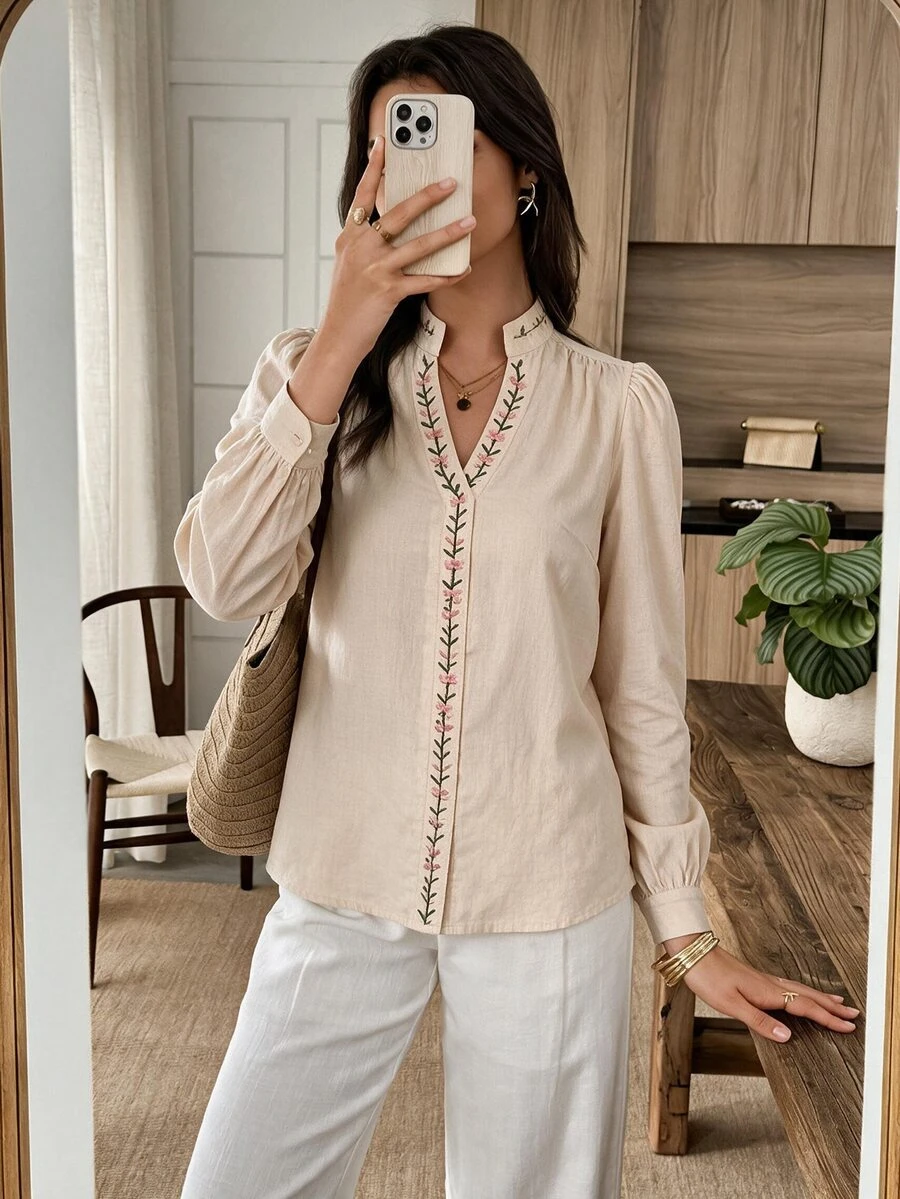 Elouméa Women's Autumn/Winter Casual French Elegant Minimalist Collar Floral Embroidery Solid Color Versatile Shirt Suitable For Date Office, Commute Beige - Apricot - View 1
