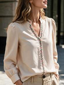 Elouméa Women's Autumn/Winter Casual French Elegant Minimalist Collar Floral Embroidery Solid Color Versatile Shirt Suitable For Date Office, Commute Beige - Apricot - View 6