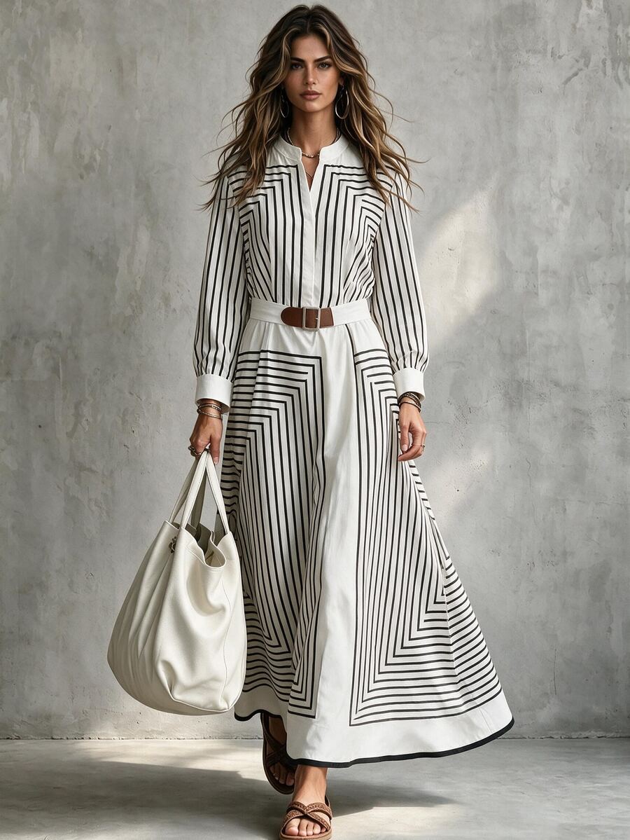 Omancia Fall Long Sleeve Geometric Black And White Striped Shirt Dress ...