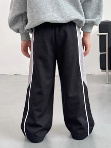 小男孩休閒時尚街頭風抓絨對比色緞帶裝飾寬鬆直筒長褲，黑色，適合秋冬穿著 - 黑色 - 查看 2
