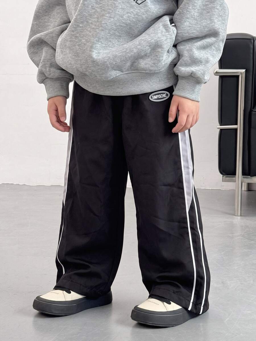 小男孩休閒時尚街頭風抓絨對比色緞帶裝飾寬鬆直筒長褲,黑色,適合秋冬穿著 - 黑色 - 查看 1