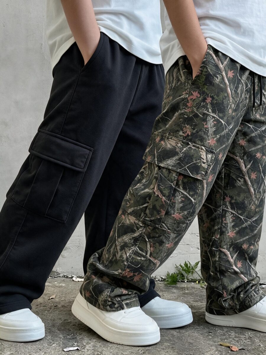 小男孩街頭風寬鬆鬆緊腰工裝褲 2件/套 - 彩色 - 查看 1