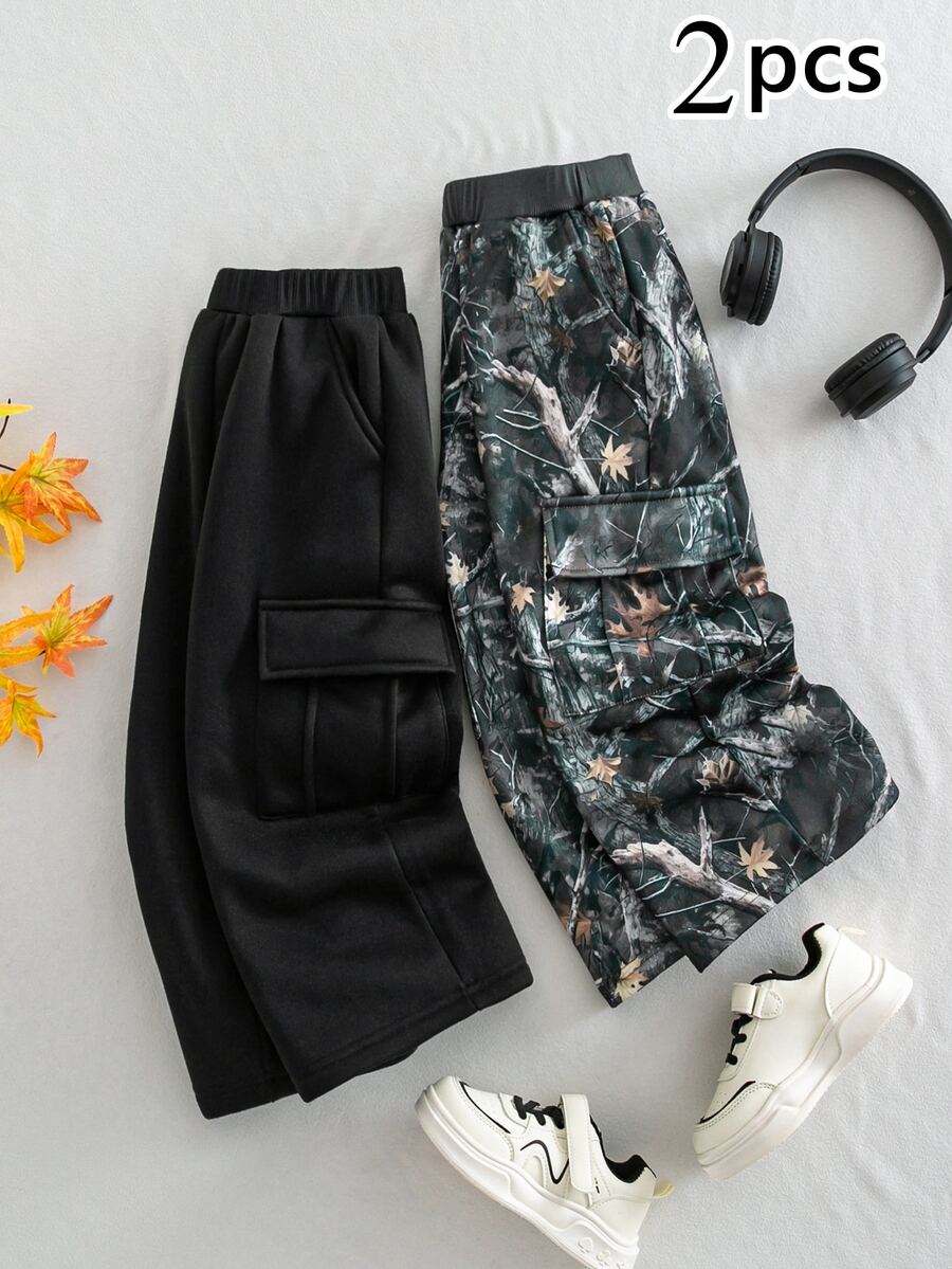 Young Boy Streetwear Loose Elastic Waist Cargo Pants 2pcs/Set - Multicolor - View 1