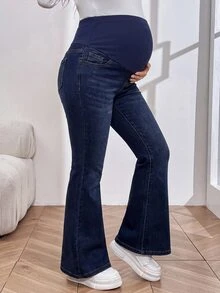 SHEIN 可調腰圍保暖內裡休閒百搭喇叭褲腿牛仔褲 孕婦冬季服飾 女款牛仔女孩風格穿搭 - 藍色 - 查看 7