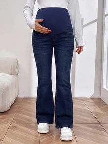SHEIN 可調腰圍保暖內裡休閒百搭喇叭褲腿牛仔褲 孕婦冬季服飾 女款牛仔女孩風格穿搭 - 藍色 - 查看 6