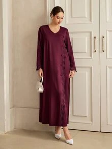 Graceveil Autumn Solid Color V-Neck Lace Patchwork Front Button Long Sleeve Loose Slimming Elegant Women's Dress - Burgundy - View 9