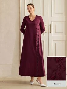 Graceveil Autumn Solid Color V-Neck Lace Patchwork Front Button Long Sleeve Loose Slimming Elegant Women's Dress - Burgundy - View 5