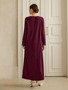 Graceveil Autumn Solid Color V-Neck Lace Patchwork Front Button Long Sleeve Loose Slimming Elegant Women's Dress - Burgundy - View 3