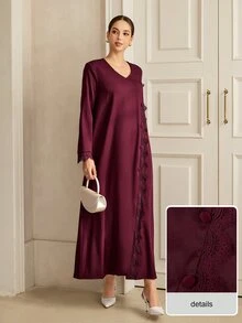 Graceveil Autumn Solid Color V-Neck Lace Patchwork Front Button Long Sleeve Loose Slimming Elegant Women's Dress - Burgundy - View 6