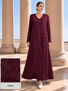 Graceveil Autumn Solid Color V-Neck Lace Patchwork Front Button Long Sleeve Loose Slimming Elegant Women's Dress - Burgundy - View 2