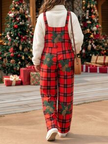Linhara CURVE Plus Size Women's Casual Christmas Red & Black Plaid Versatile Overalls Wide Leg Pants, Christmas Outfit - Red - View 2