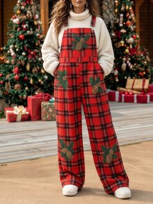 Linhara CURVE Plus Size Women's Casual Christmas Red & Black Plaid Versatile Overalls Wide Leg Pants, Christmas Outfit - Red - View 7