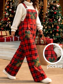 Linhara CURVE Plus Size Women's Casual Christmas Red & Black Plaid Versatile Overalls Wide Leg Pants, Christmas Outfit - Red - View 1