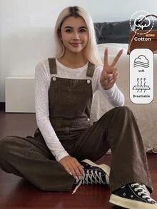 SHEIN أوفرول جينز فضفاض كاجوال بتصميم جيوب للفتيات المراهقات بلون كاكي داكن - بني - مشاهدة 1