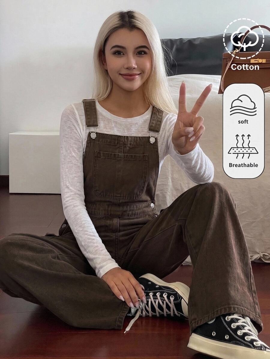 SHEIN أوفرول جينز فضفاض كاجوال بتصميم جيوب للفتيات المراهقات بلون كاكي داكن - بني - مشاهدة 1
