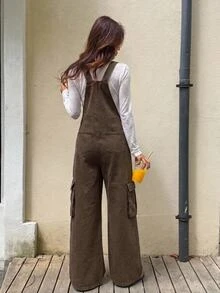 SHEIN أوفرول جينز فضفاض كاجوال بتصميم جيوب للفتيات المراهقات بلون كاكي داكن - بني - مشاهدة 4