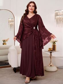 Reflora Plus Size Women's Jacquard V-Neck Flare Sleeve Elegant Dress Fall Wedding Evening Formal Dinner Cocktail Dark Purple - Burgundy - View 8