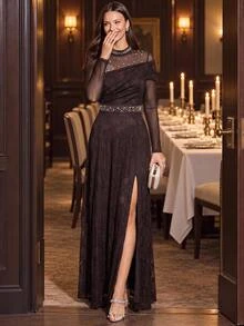 Amorya Women's Faux Pearl Decorated Lace Dress Christmas New Year Dinner Party Dark Brown Elegant - Coffee Brown - View 4