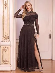 Amorya Women's Faux Pearl Decorated Lace Dress Christmas New Year Dinner Party Dark Brown Elegant - Coffee Brown - View 2
