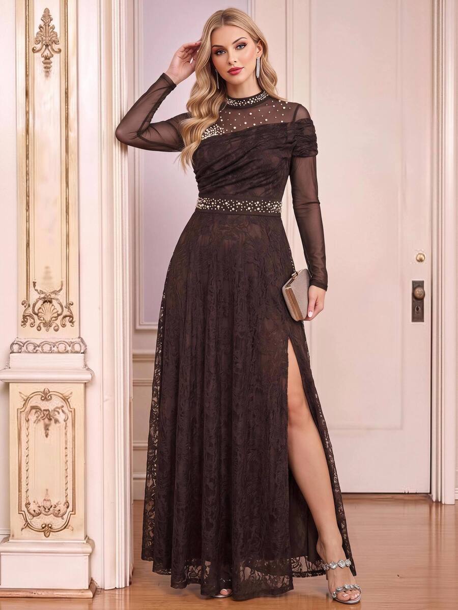 Amorya Women's Faux Pearl Decorated Lace Dress Christmas New Year Dinner Party Dark Brown Elegant