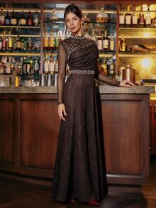 Amorya Women's Faux Pearl Decorated Lace Dress Christmas New Year Dinner Party Dark Brown Elegant - Coffee Brown - View 9