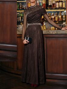 Amorya Women's Faux Pearl Decorated Lace Dress Christmas New Year Dinner Party Dark Brown Elegant - Coffee Brown - View 7