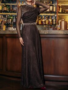 Amorya Women's Faux Pearl Decorated Lace Dress Christmas New Year Dinner Party Dark Brown Elegant - Coffee Brown - View 6