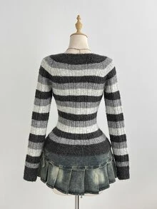 Elamini Women's Autumn/Winter Lazy Fashion Versatile Retro Striped Asymmetric Shoulder Button Sweater For Daily Commute And Gatherings - Multicolor - View 2