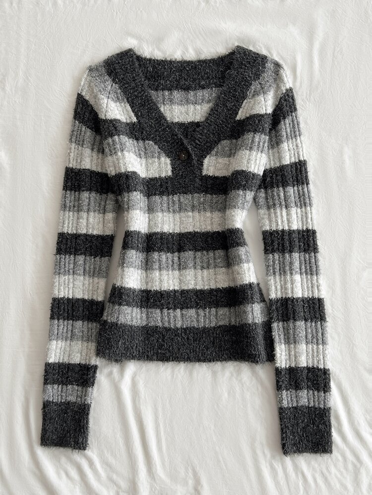 Mori Grove Mori Grove Women's Autumn/Winter Lazy Fashion Versatile Retro Striped Asymmetric Shoulder Button Sweater For Daily Commute And Gatherings - Multicolor - View 4