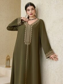 Mulvari Women's Turkish Maxi Dress & Arabic Traditional Abaya Robe, Kaftan & Jalabiya - Army Green - View 4