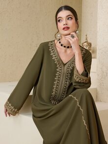 Mulvari Women's Turkish Maxi Dress & Arabic Traditional Abaya Robe, Kaftan & Jalabiya - Army Green - View 3