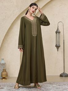Mulvari Women's Turkish Maxi Dress & Arabic Traditional Abaya Robe, Kaftan & Jalabiya - Army Green - View 5