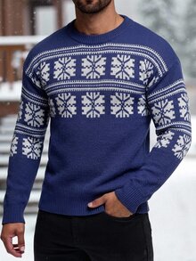 Manfinity CasualKnits 男士緹花時尚長袖百搭毛衣 - 寶藍色 - 查看 6